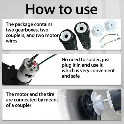 Image showing assembly of Two Pack 24V RS555 High Torque Gearbox Kit For Power Wheels Ride On Cars with parts labeled.