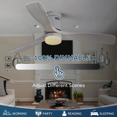 Dope 52 Inch Flush Mount Ceiling Fan With Light And Remote Control Solid Wood Gray 3 Blade in a cozy living room.