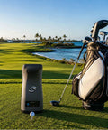 GC3 Golf Launch Monitor Bundle With Three Precision Cameras on golf course with club set by the sea