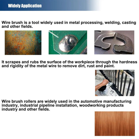 Various applications of 18Piece Wire Wheel Cup Brush Set For Drills With One Quarter Inch Hex Shank in metal and wood processing.
