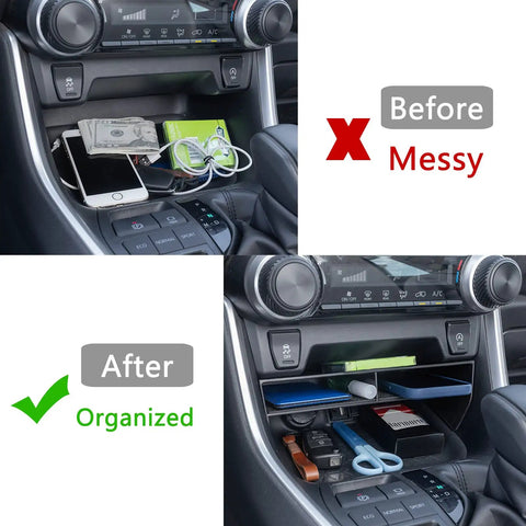 Before and after using Center Console Organizer For Toyota RAV4 2019-2025 And RAV4 Prime, Bigger Slots Tray With 1.14 Inch Divider