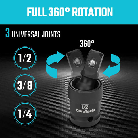 Heavy Duty 12 Piece Impact Socket Extension Set With 360 Degree Universal Joints For 1/4 And 3/8 Inch Drives Built From Premium CrV And CrMo Steel Construction, 1/2 drive universal joint