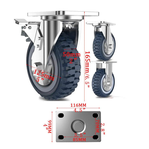 Heavy Duty 125mm Swivel Polyurethane Casters With Brakes for Furniture and Trolleys, detailed dimensions and design view.