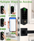 Fingerprint Smart Door Lock Set With App Control And Keyless Entry Bluetooth Touchscreen Keypad Deadbolt installed on door.