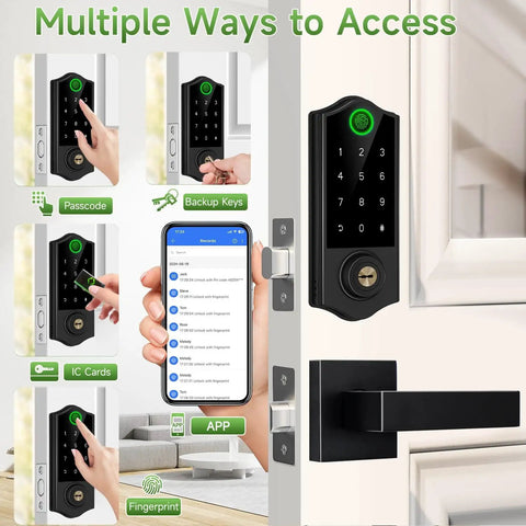 Fingerprint Smart Door Lock Set With App Control And Keyless Entry Bluetooth Touchscreen Keypad Deadbolt installed on door.