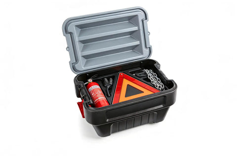 8 Gallon Heavy Duty Plastic Storage Bin With Lockable Lid Black Industrial Tote for garage, showing interior with tools