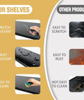Comparison of Heavy Duty Metal Five Tier Storage Shelving Unit features, highlighting scratch, rust resistance, and ease of cleaning.