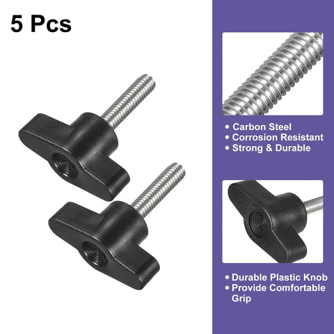 Five Pack M5 X 25mm Carbon Steel T Handle Thumb Screws For Machine Clamps set showing black thumb screw heads and threaded shafts.