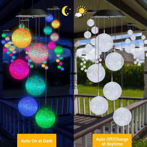 Solar Wind Chime With Color Changing Led Balls Waterproof Outdoor Lights for garden, auto charge solar chime on porch
