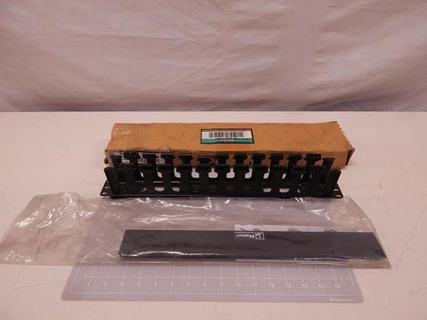 Horizontal Cable Manager 1U Black for Rack Mounts with Dual Hinged Cover and Flexible Fingers on table with packaging