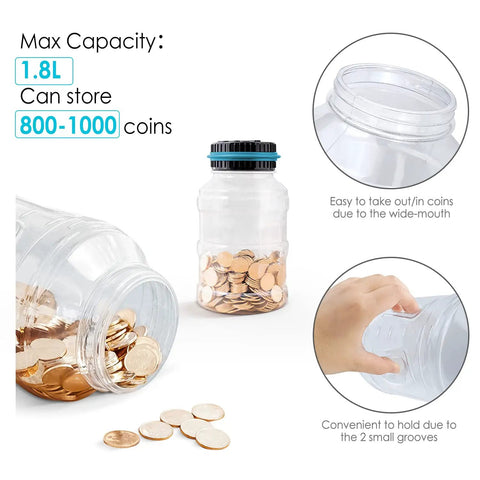 Big Digital Coin Counter Piggy Bank With LCD Display One Point Eight Liter Capacity Holds 800 To 1000 US Coins Blue Money Jar