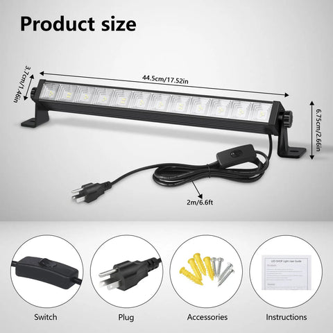 Crazy Bright 24W LED Shop Lights 5400 Lumens 6000K Daylight White with 6.5 Ft Plug In Cord and Inline Switch, dimensions shown.