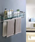 Sturdy Glass Bathroom Shelf With 2 Bars Wall Mount In SUS 304 Stainless Steel Brushed Finish holding towels and toiletries