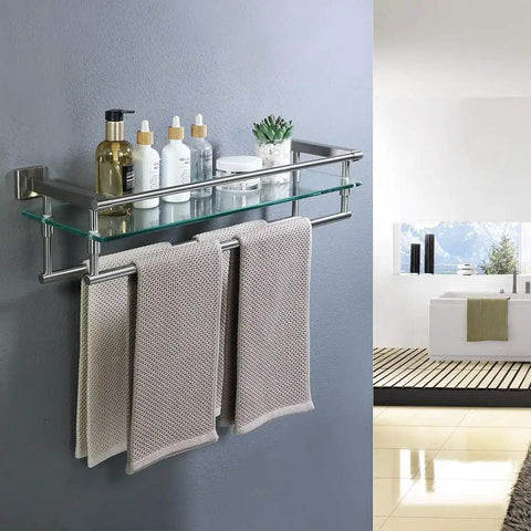Sturdy Glass Bathroom Shelf With 2 Bars Wall Mount In SUS 304 Stainless Steel Brushed Finish holding towels and toiletries