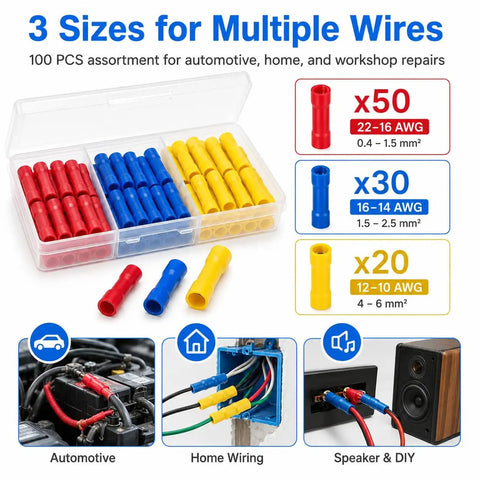 Get This Awesome 100pcs Butt Splice Connector Kit For Your Car Or Home With Durable Red Blue Yellow Wire Connectors That Rock Secure Contacts And Perfectly Fit 22 To 10 AWG Wires Without Any Mess Or Hassle For Quick Crimping Jobs.