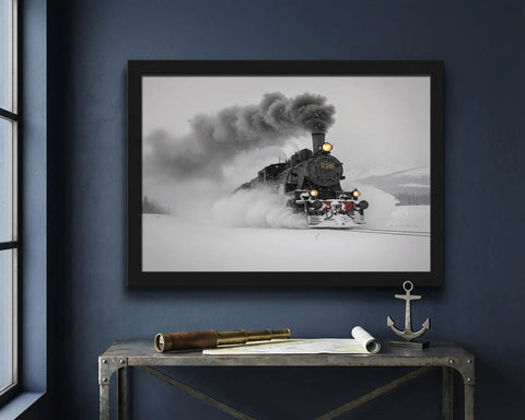 Steam Locomotive In Snow Winter Train Framed Poster Canvas Print For Wall Art Rustic Industrial Aesthetic Dope Rail Scene