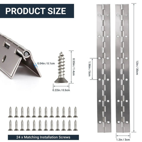 Beefy 304 Stainless Steel Piano Hinge 12 Inch Continuous Door Hinges With Mounting Screws Pro Grade Marine Hardware displayed with screws.