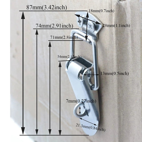 Beefy Stainless Steel Toggle Latch Set 87 By 28mm Heavy Duty Cabinet Hardware for Cabinets Doors Boxes Trunks Trailers Toolboxes Includes Screws 2 Pieces Rust Resistant Durable Metal Fasteners For Chests Hoods And Storage dimensions details on box