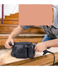 Heavy Duty 600W Electric Belt Sander With Variable Speed Control in use on wooden stairs for smooth finishing.