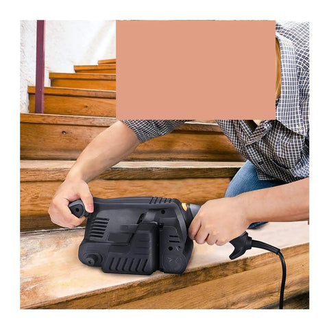 Heavy Duty 600W Electric Belt Sander With Variable Speed Control in use on wooden stairs for smooth finishing.