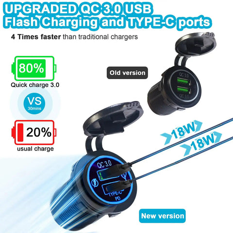 Comparison of old and new QC 3.0 USB and Type-C port chargers with flash charging capability, highlighting speed differences.