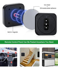 Front view of SRDKG 12V forward/reverse remote switch, black square controller with 3-button panel and magnet plate