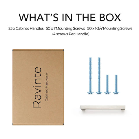 Box and components of 25 Pack 5 Inch Kitchen Square Cabinet Handles Brushed Nickel Drawer Pulls For Cupboard Hardware