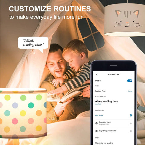 Father reading to child in a tent with Alexa And Google Assistant Compatible Smart Light Bulbs No Hub Required A19 Soft White 2700K setup.