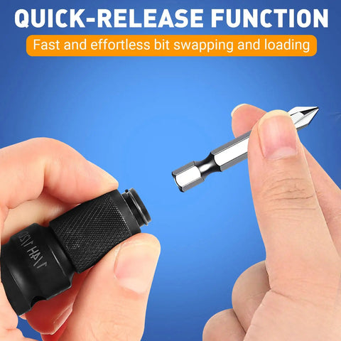 Hand holding 3-Piece Quick Release Impact Bit Holder Set 1/2 Inch, 3/8 Inch, 1/4 Inch Square Drive To 1/4 Inch Hex Shank Adapter