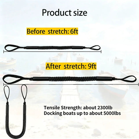 Dock Line For Shore Docking With Bungee Mooring Rope Double Loop Ends For Kayak And Dinghy 6 ft pre-stretch to 9 ft