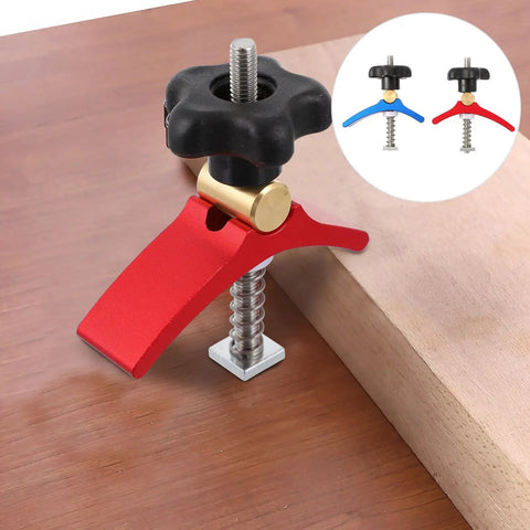 T Track Hold Down Clamp Set With T Slot Clips And T Screws Quick Act Carpentry Track Clamps in use on wood surface