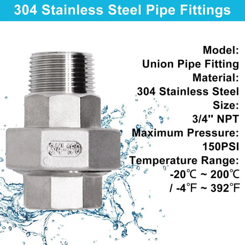 Two Piece Three Quarter Inch NPT Male To Three Quarter Inch NPT Female Union Cast Pipe Fittings In Premium 304 Stainless Steel