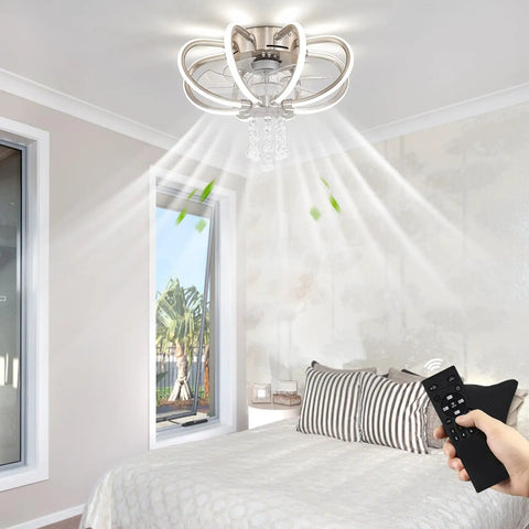 Modern bedroom with Go To Led Ceiling Fan With Lights In Brushed Nickel Remote Control Dimmable Led Lighting in operation