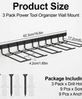 3 Pack Heavy Duty Power Tool Wall Mount Organizer For Cordless Drills And Tools Garage Shop Storage Rack Quick Install Iron Black Finish Holds 4 Tools Per Mount 12 Tools Total Dimensions 16.6 By 6.8 By 1.8 Inches, shown with screws and anchors for installation.
