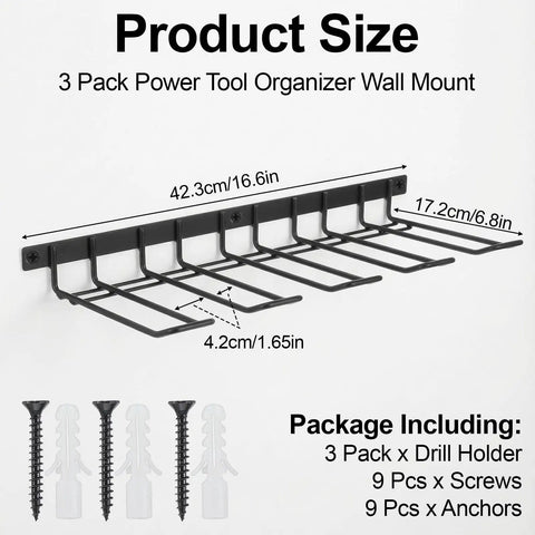 3 Pack Heavy Duty Power Tool Wall Mount Organizer For Cordless Drills And Tools Garage Shop Storage Rack Quick Install Iron Black Finish Holds 4 Tools Per Mount 12 Tools Total Dimensions 16.6 By 6.8 By 1.8 Inches, shown with screws and anchors for installation.