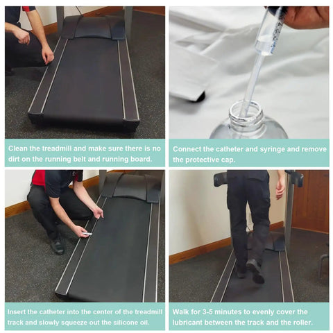 Using Pro Grade Treadmill Belt Lubricant With 100 Percent Silicone Oil, 7.8 Inch Reach Tube And 10ml Syringe on a treadmill