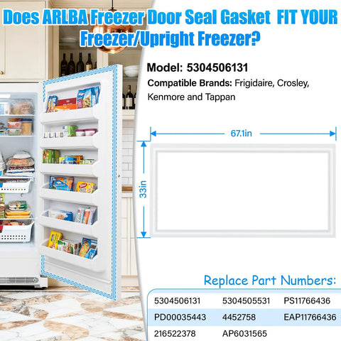 White freezer door gasket for 67.1in x 33in upright freezers; compatible with Frigidaire, Crosley, Kenmore.