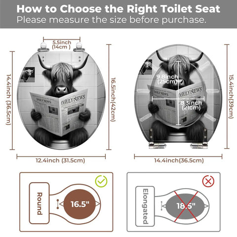 Toilet Seat Round Resin for Farmhouse size guide showing measurements for round and elongated options.
