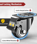 Close-up of 2 Inch Heavy Duty Caster Wheel with Dual Total Lock Brakes, showcasing lock mechanism for 600 Lb load capacity and noiseless movement.