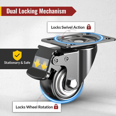 Close-up of 2 Inch Heavy Duty Caster Wheel with Dual Total Lock Brakes, showcasing lock mechanism for 600 Lb load capacity and noiseless movement.