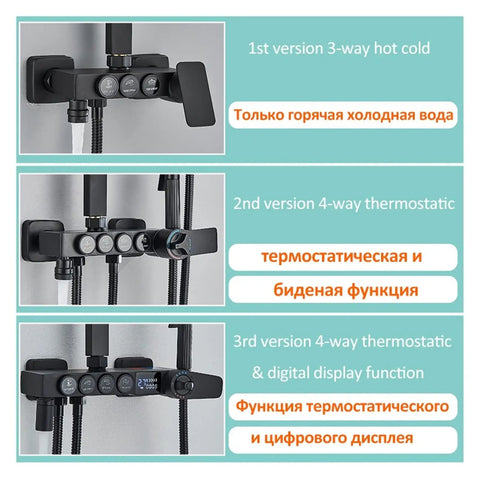 RIBEUJIZS Digital Shower System, Black 3-way and 4-way valve designs with digital display functions for bathtub use.