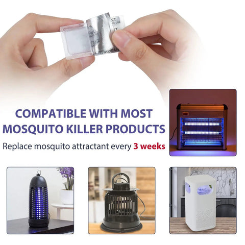 Hands holding a mosquito attractant refill next to images of compatible bug zappers, featuring Six Pack Mosquito Attractant Bait Refills.