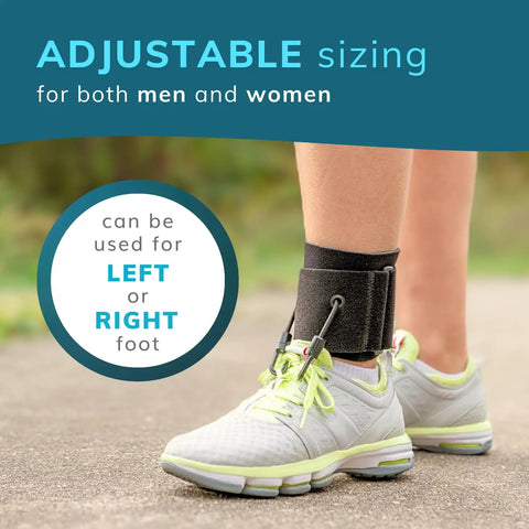 Foot Drop Brace With Dorsiflexion Support For Men And Women, Adjustable Ankle Foot Orthosis, shown worn on left foot, daytime use.