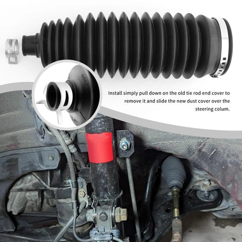 Rack And Pinion Boot Kit With Clamps For Lexus ES300 RX330 RX450H And Toyota Avalon Camry Corolla Inner Tie Rod Boot Replacement OEM 1033069 Durable Seal Easy Install, showing installation detail and black boot with clamps.