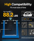 Pro Grade Motorcycle Wheel Balancer And Truing Stand With Spin Static Truing Stand For Accurate Balance And Spoke Truing On Most Motorcycles And Sport Dirt Bikes With Adjustable Centering Cones And Truing Pointer Blue, supports axles 0.65-1.5 inches, max weight 88.2 lbs