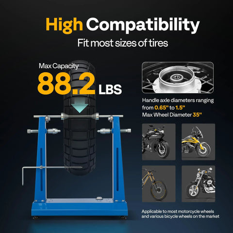 Pro Grade Motorcycle Wheel Balancer And Truing Stand With Spin Static Truing Stand For Accurate Balance And Spoke Truing On Most Motorcycles And Sport Dirt Bikes With Adjustable Centering Cones And Truing Pointer Blue, supports axles 0.65-1.5 inches, max weight 88.2 lbs