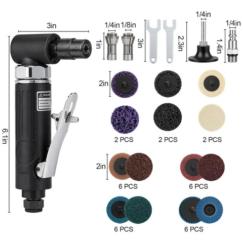 Heavy Duty Right Angle Air Die Grinder Kit 37 Piece Set With 1 4 And 1 8 Inch Collets Compact 90 Degree Head components layout