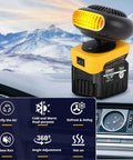 Hassle Free Portable Battery Space Heater Featuring Dual Usb Ports And 360 Degree Swivel on vehicle dashboard, 200w output.