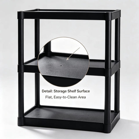 Detail of Tough As Nails 3 Tier Plastic Storage Shelves, flat easy-to-clean surface, freestanding organizer for garage and office.