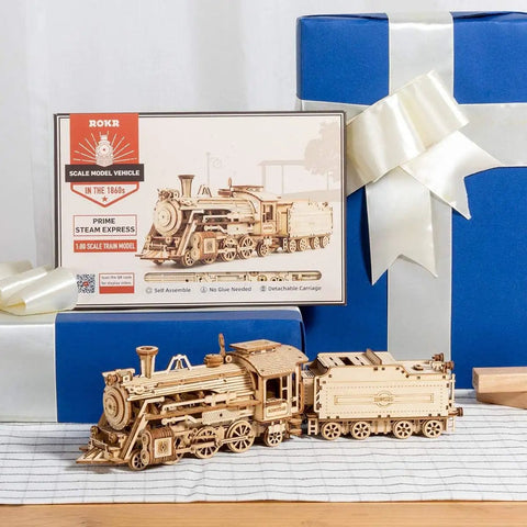 1:18 Scale Steam Train Model With Carriage 3D Wooden Puzzle For Adults DIY Mechanical Vehicle Kit on display
